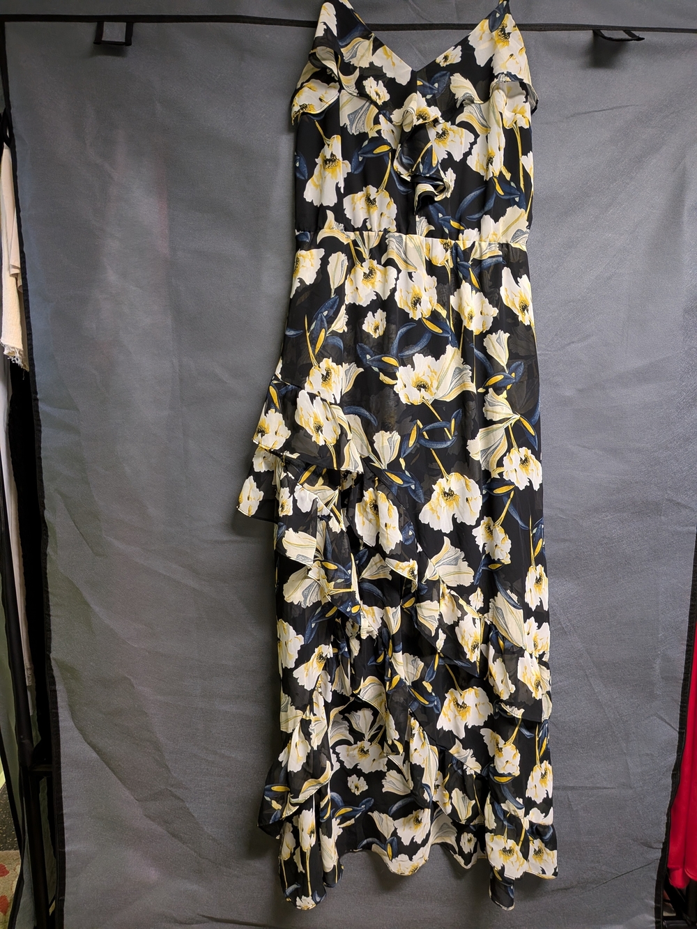 INC Black Floral Ruffle Maxi Dress with Yellow Accents
